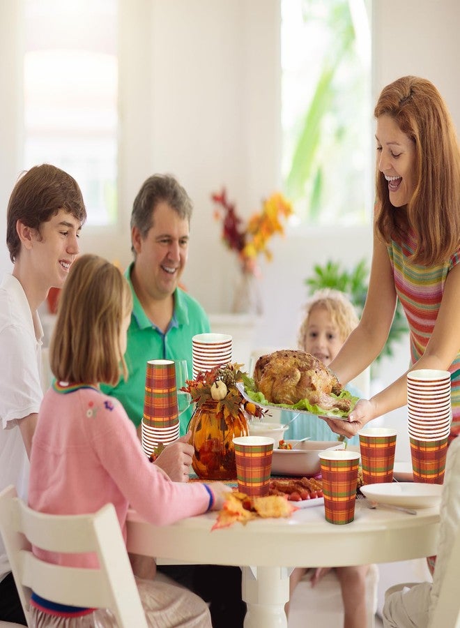 Whaline Fall Thanksgiving Paper Cups Autumn Disposable Cups Orange Red Green Buffalo Plaid Checkered Party Cup for Juice Coffee Hot Cold Drink Thanksgiving Party Supplies Table Decor, 9oz 50Pcs - Image 5